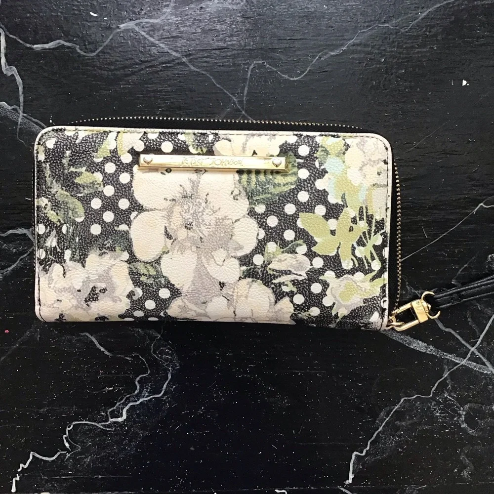 Betsey Johnson Black Floral & White Polka Dot Zip Wallet